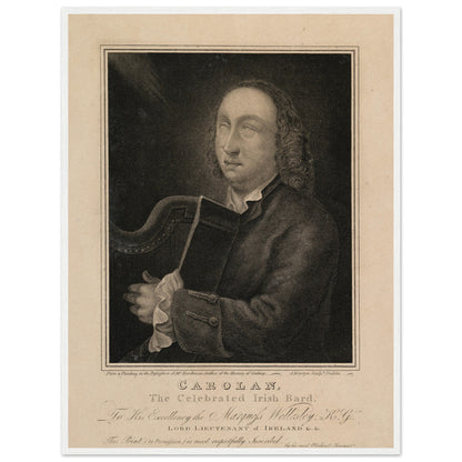 Archival reproduction of 19th-century engraving of Irish bard Turlough O’Carolan in classic black wooden frame