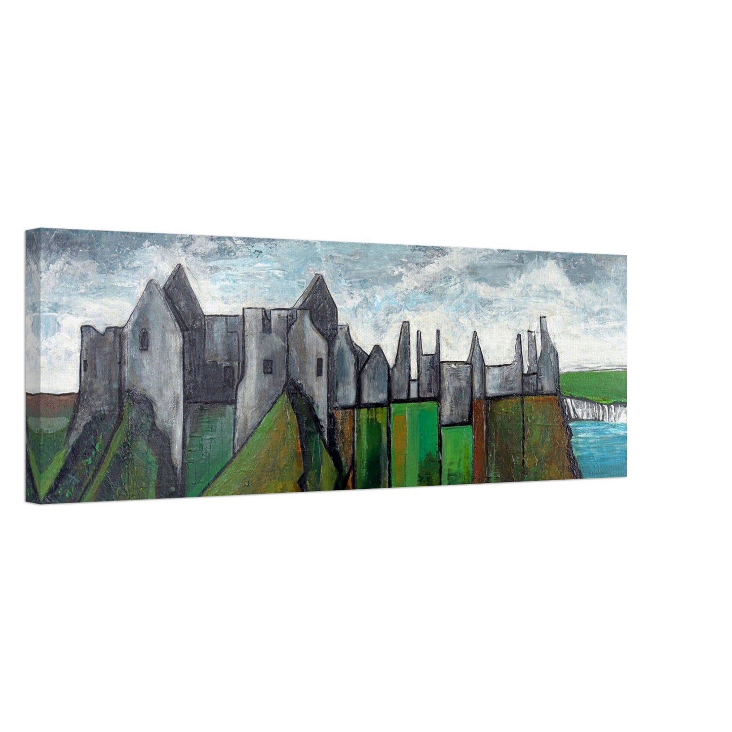 emi-Abstract Irish Landscape Art Print by Mullan, featuring Dunluce Castle on County Antrim's rugged coastline. Bold brushstrokes and subtle colours capture the castle's allure. Available in various sizes on archival paper. Wall Art Prints