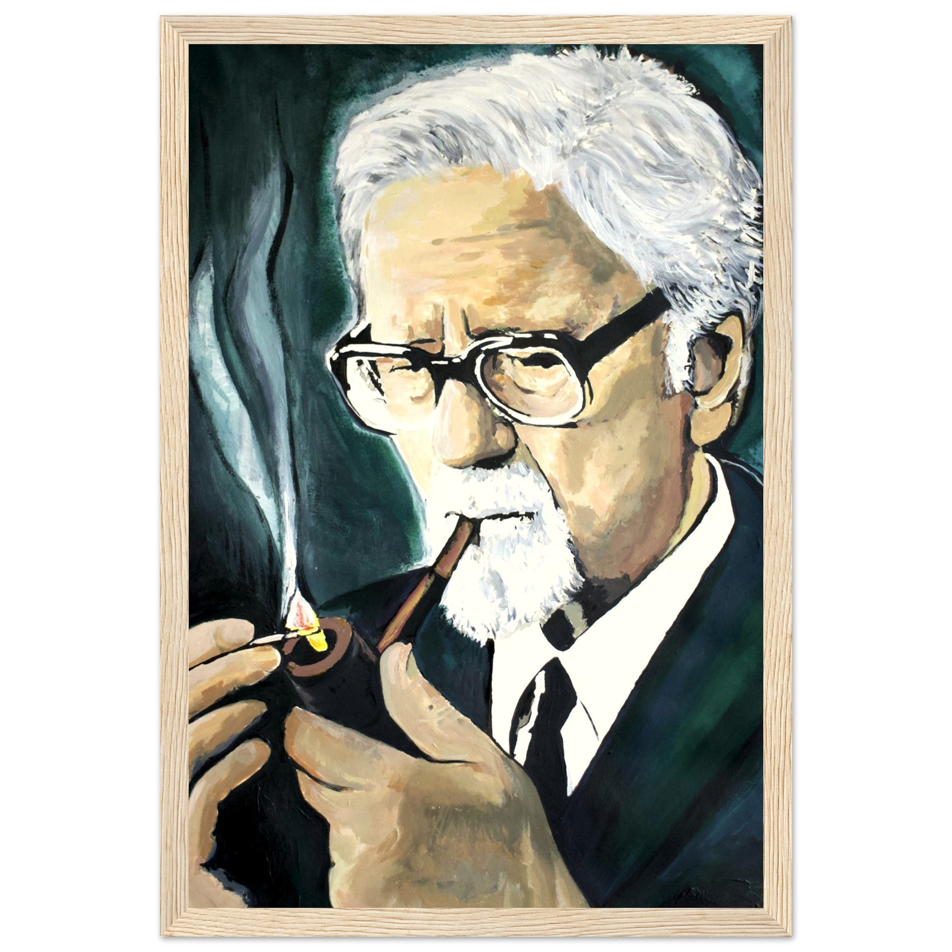 John Hewitt framed fine art print by Irish artist Ó Maoláin. This portrait captures the essence of John Hewitt, the renowned writer, as he leisurely smokes his pipe, a meaningful addition to any space, celebrating his impact on literature.