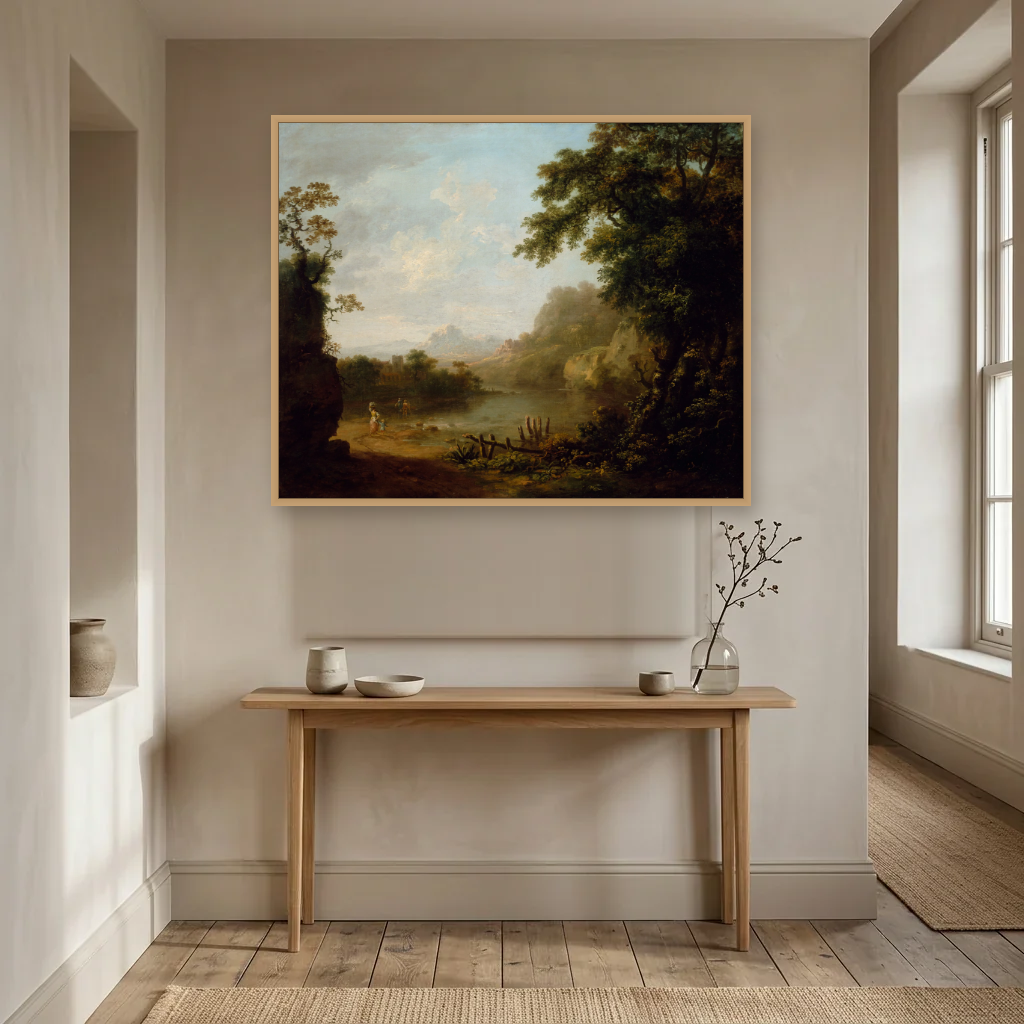 An Italianate Wooded River Landscape with Figures art print, framed and hung in a hallway