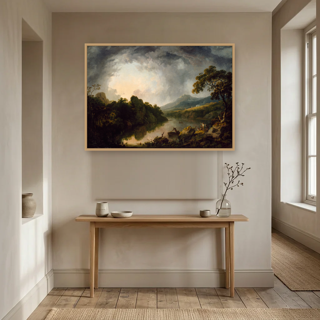 An Extensive Wooded River Landscape with Fishermen art print, framed and hung in a hallway