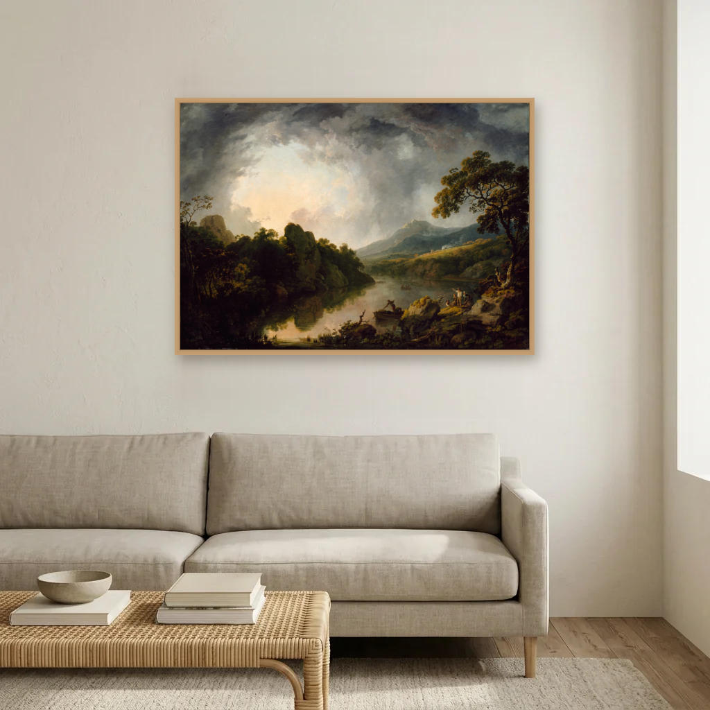 An Extensive Wooded River Landscape with Fishermen art print, framed and hung in a living room