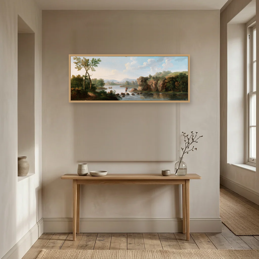A Landscape with a Man Fording a Stream art print, framed and hung in a hallway
