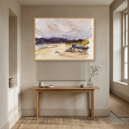A Bay and Distant Mountains art print, framed and hung in a hallway
