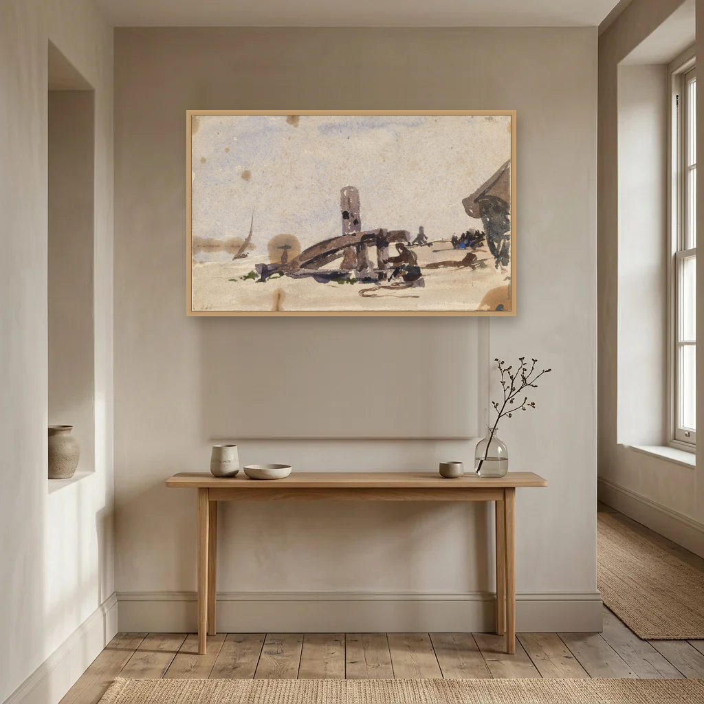 A Kneeling Man on the Beach art print, framed and hung in a hallway