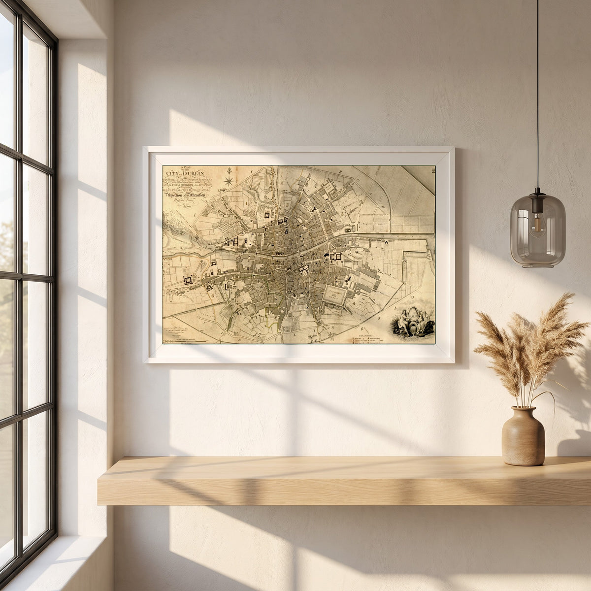 1797 Dublin Map framed print in a white frame on a plaster wall above an oak worktop in a bright Scandinavian kitchen