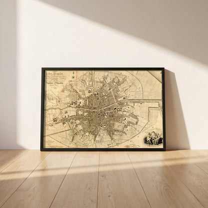 1797 Dublin Map framed print in a black frame leaning against a white plaster wall on oak floorboards in morning light
