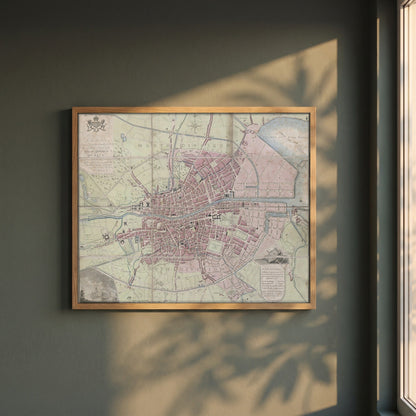 1798 Dublin Map framed print in a natural oak frame on a dark green wall beside a window, dappled plant shadow