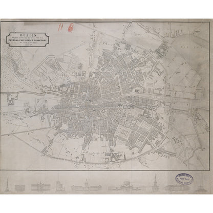 Plan of Dublin c.1830 by John Kirkwood for the Post Office Directory, with elevations of city landmarks below