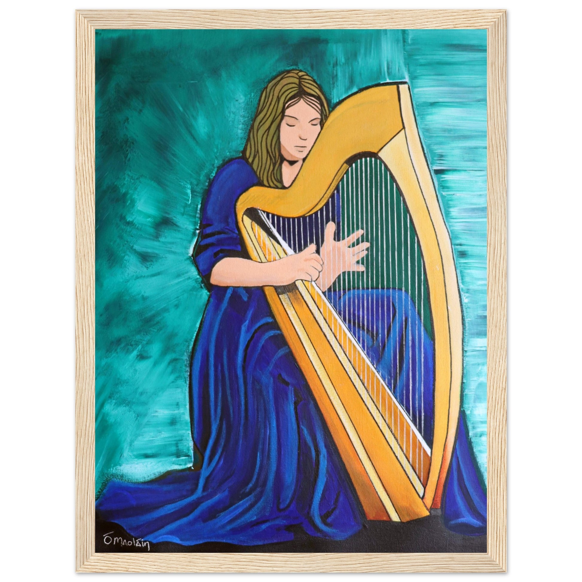 Female Harpist Playing The Irish Harp Natural Wooden Framed Print