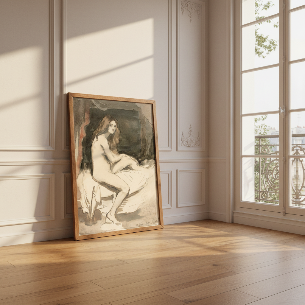 A framed art print depicting a seated nude woman in soft beige, brown, and gray tones, leaning against a white paneled wall on a light wood floor next to a bright window.