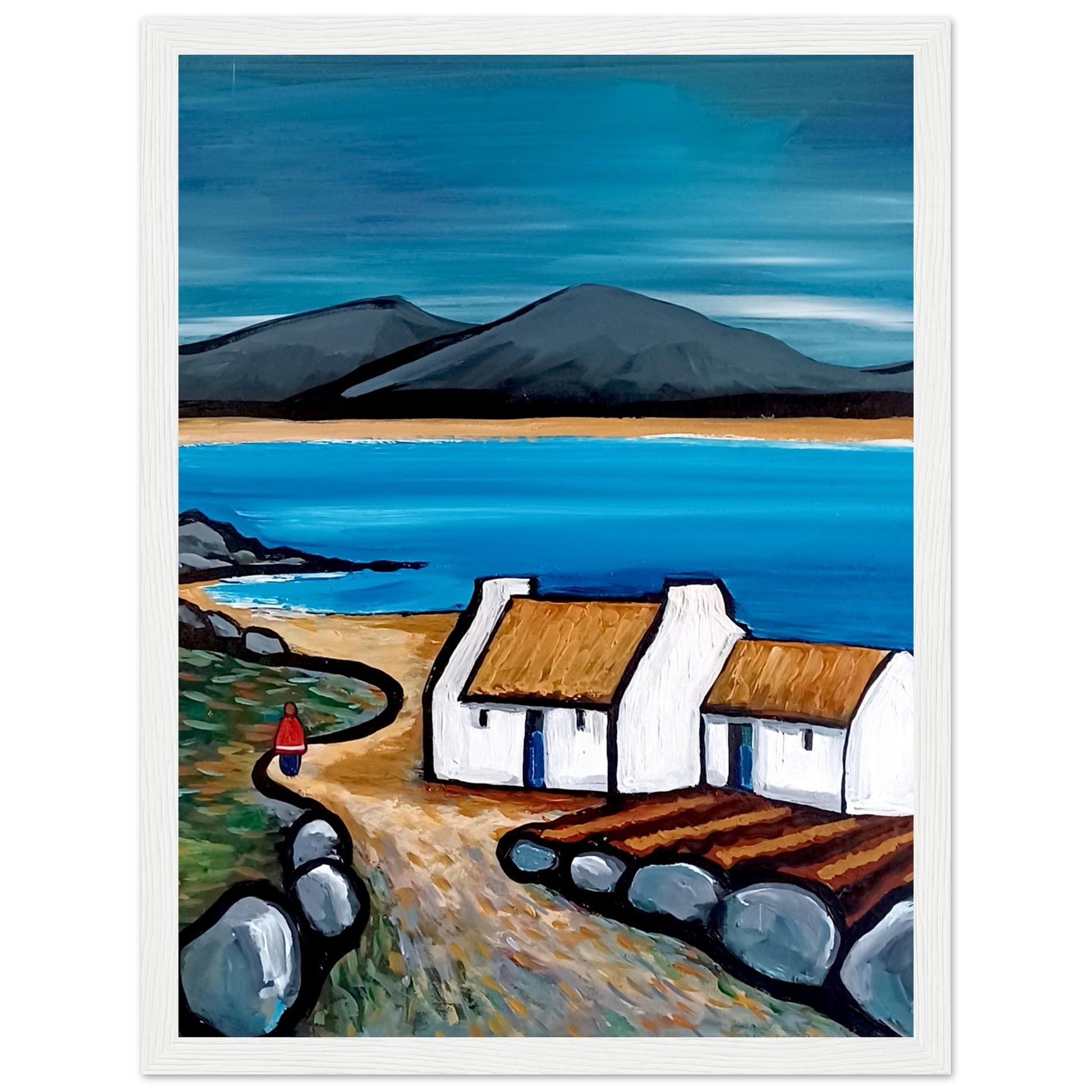 Framed art print titled Connemara Lakes Cottage by Irish artist Ó Maoláin. Features a serene lakeside cottage in Connemara, Ireland, with lush greenery and tranquil waters. The piece captures the rustic beauty of the Irish countryside, enhancing home decor.