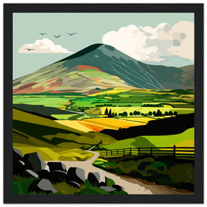 Black framed art print depicting lush green Irish countryside, evoking tranquility and beauty. Ideal for nature lovers longing for the Emerald Isle's serene landscapes.