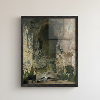 Luxury contemporary interior showing a 40×50 cm (16×20″) black hardwood gallery frame containing ‘Digby Cave No. 1’ by Sir William Orpen. Display the frame at exact scale with deep matte-black finish, clean edges, and subtle glazing reflections. Neutral wall, soft diffused daylight, premium fine-art presentation, photorealistic and uncluttered. Buy Irish Art