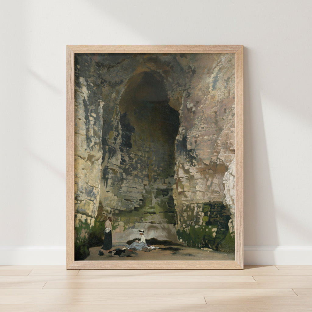 Warm contemporary interior mock-up showing a 40×50 cm (16×20″) natural wood frame around ‘Digby Cave No. 1’ by Sir William Orpen. True-to-scale proportions with visible FSC-certified oak/ash grain, subtle glazing, and precise artwork reproduction. Soft daylight, neutral walls, high-end gallery styling, photorealistic finish.