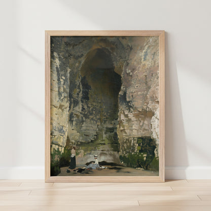Warm contemporary interior mock-up showing a 40×50 cm (16×20″) natural wood frame around ‘Digby Cave No. 1’ by Sir William Orpen. True-to-scale proportions with visible FSC-certified oak/ash grain, subtle glazing, and precise artwork reproduction. Soft daylight, neutral walls, high-end gallery styling, photorealistic finish.