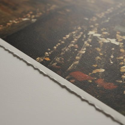 close-up detail of unframed fine art print edges, matte museum paper texture, soft shadows, angled natural light, premium archival print realism, macro lens feelw