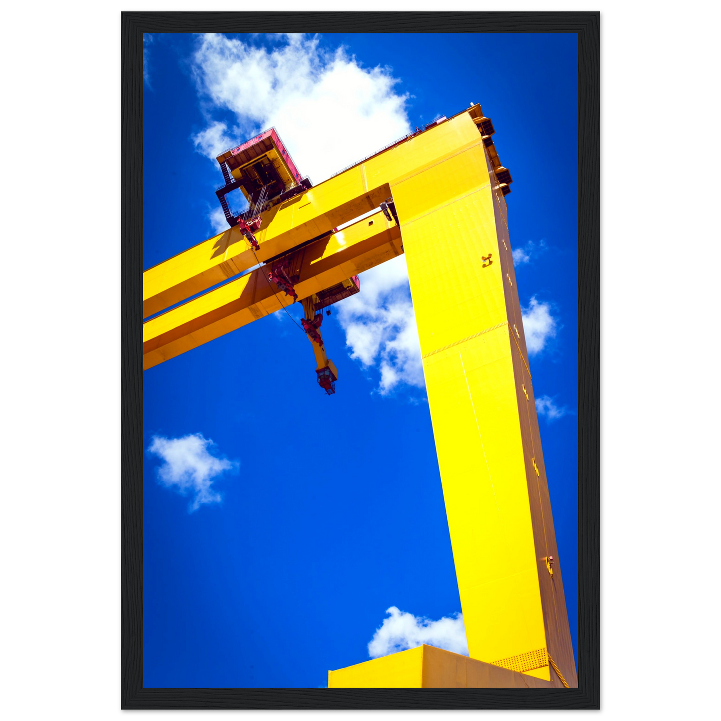 Harland & Wolff cranes against Belfast skyline, symbolizing maritime legacy. Perfect decor for history lovers and skyline enthusiasts.