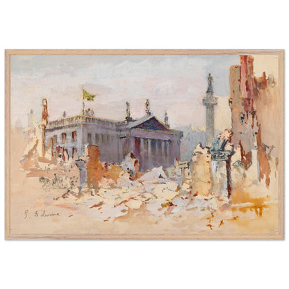The Ruins of O’Connell Street, 1916 by Edmond Delrenne, art print in a natural wooden frame, showing the devastation of O’Connell Street following the Easter Rising.