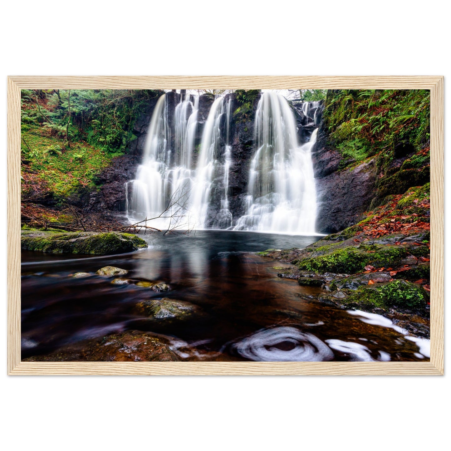 Cascading Glenariff Waterfall framed art print, showcasing serene natural beauty of Northern Ireland's forest park.