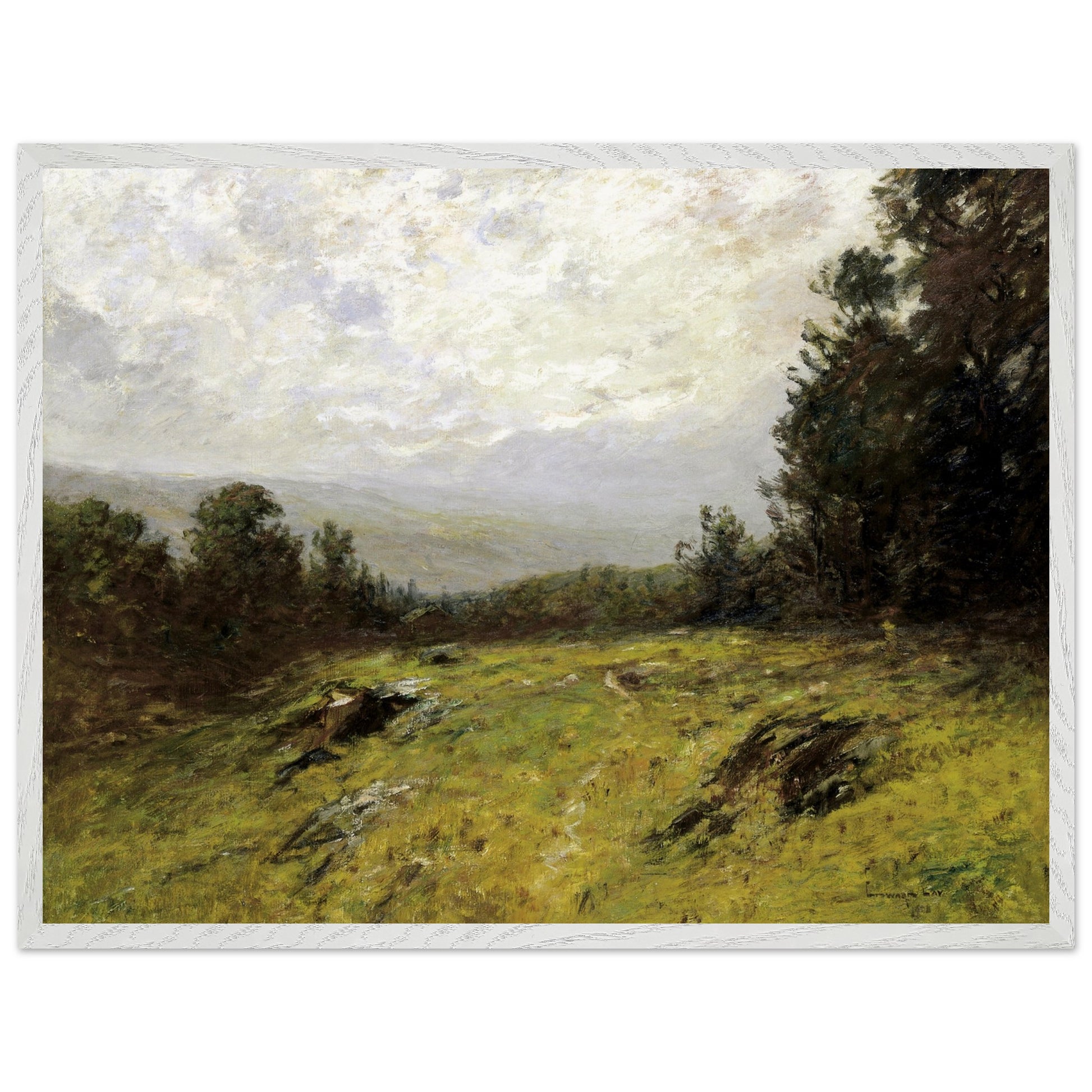 Edward Gay Hillside 1908 framed Irish-American landscape art print beside a bed with white linen