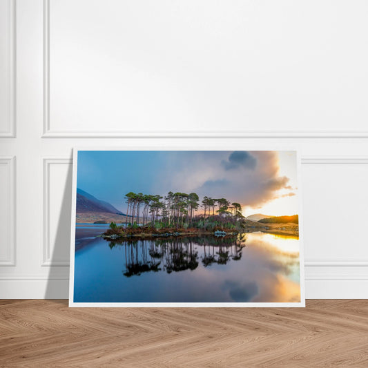 Twelve Pines island on Derryclare Lough, Connemara, reflected at sunset, print with white border