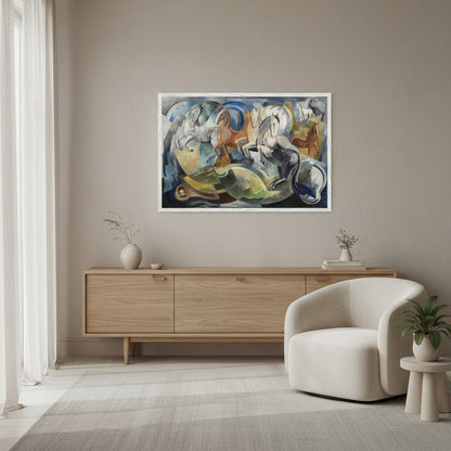  60x90 cm / 24x36″ / Achill Horses by Mainie Jellett in a white gallery frame, centered above a light oak sideboard in a contemporary living room; neutral walls, boucle armchair, linen curtains, soft diffused daylight, minimalist Irish elegance.