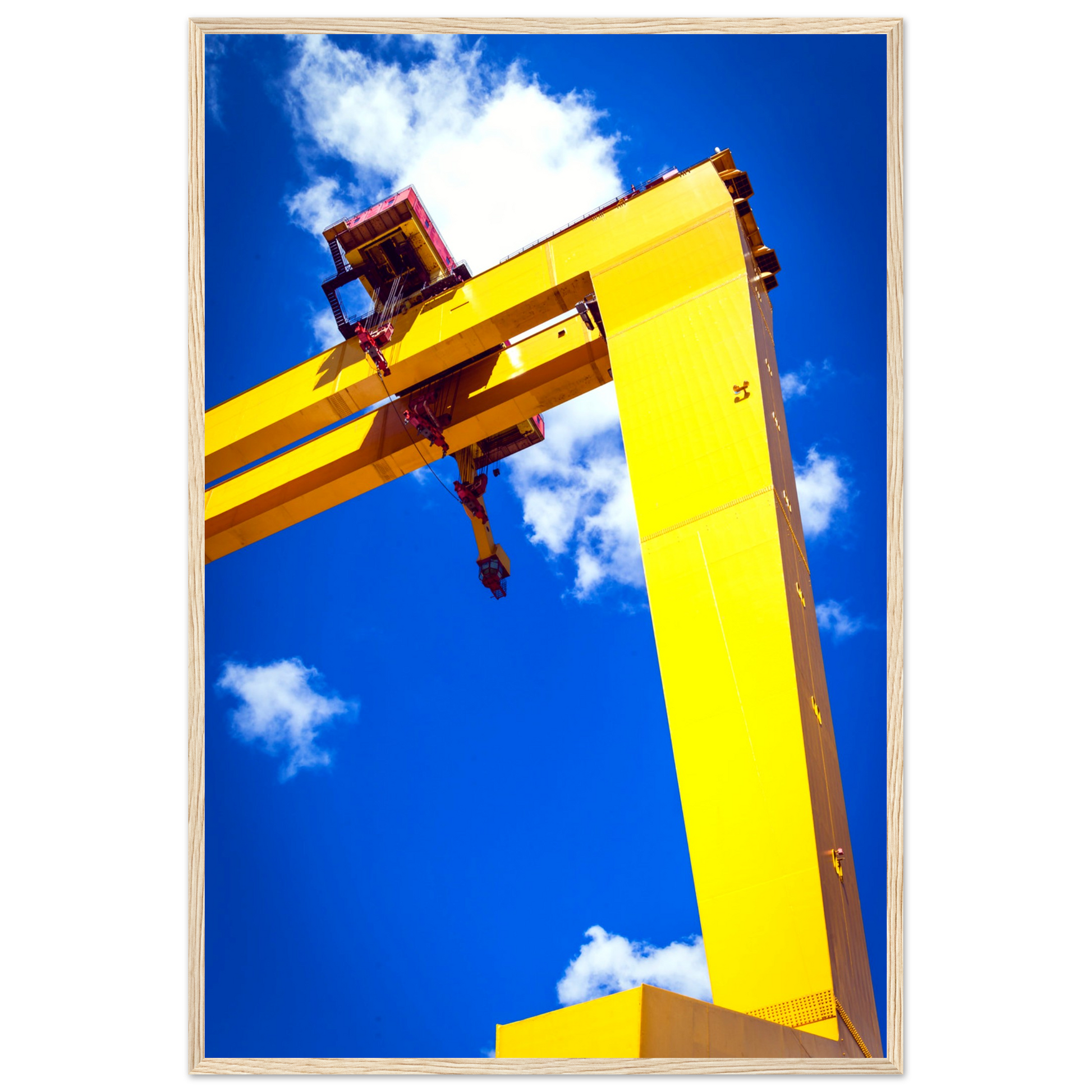 Art print featuring iconic Harland & Wolff cranes in Titanic Quarter, Belfast. Celebrate maritime history with this stunning decor piece.