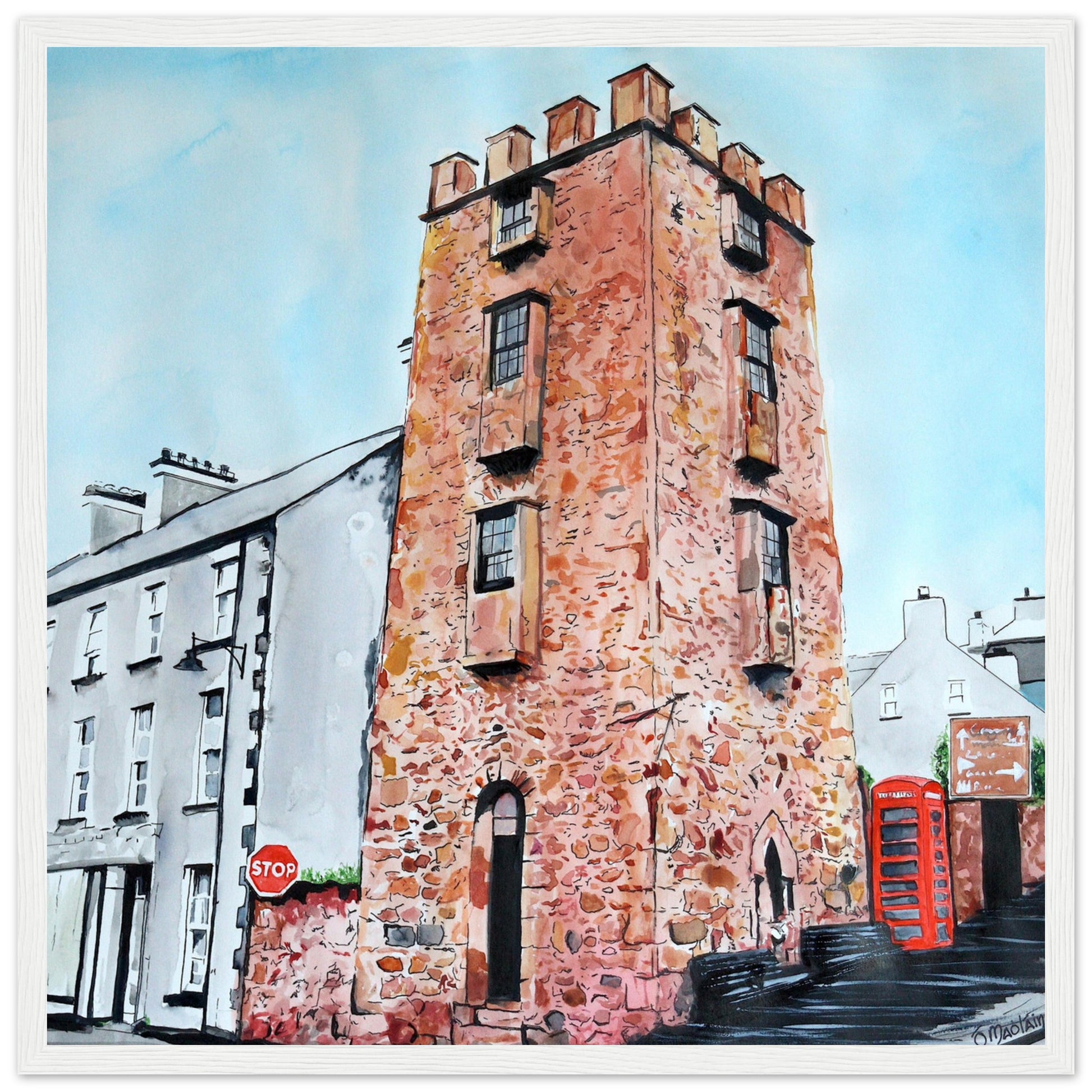 Framed art print 'The Curfew Tower' by Ó Maoláin. This piece depicts The Curfew Tower in Cushendall, Glens of Antrim, built by Francis Turnley in 1820 and now owned by Bill Drummond. The artwork showcases the tower amid the scenic Glens of Antrim.