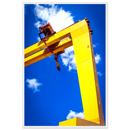 Art print featuring iconic Harland & Wolff cranes in Titanic Quarter, Belfast. Celebrate maritime history with this stunning decor piece.