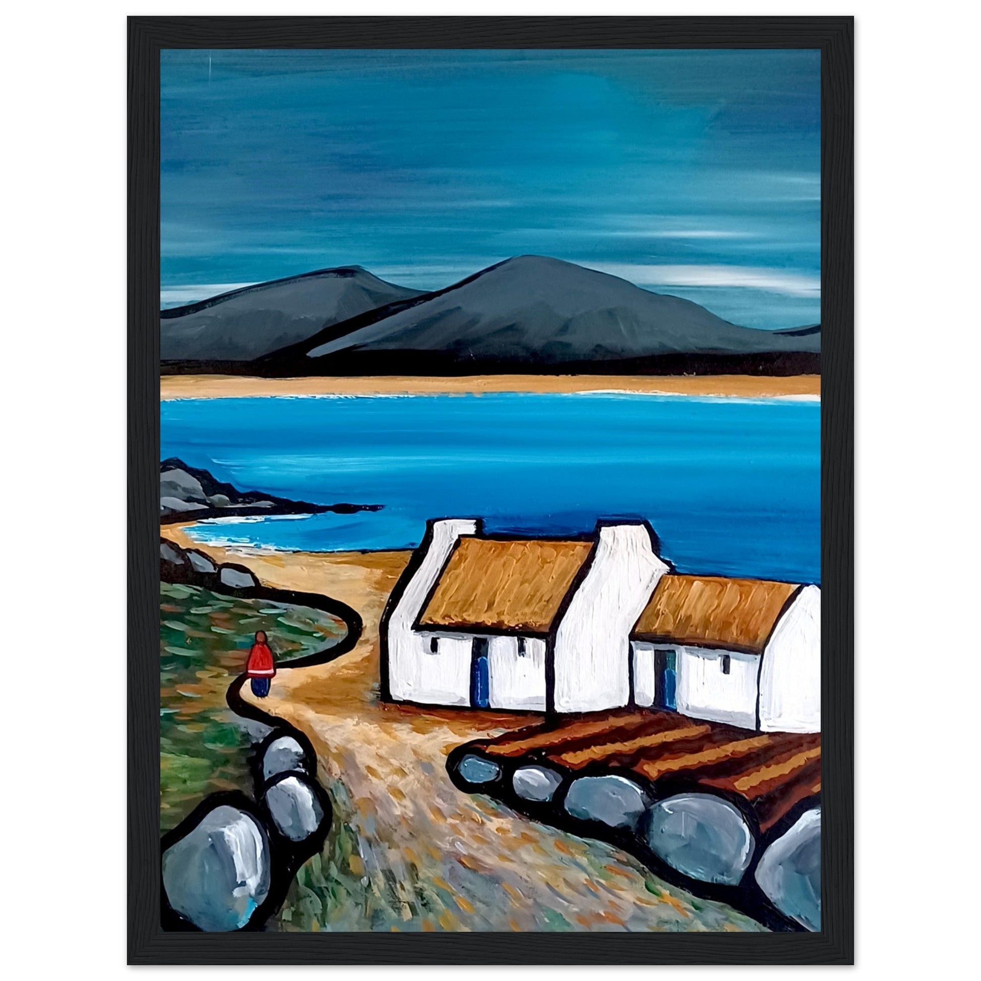 Framed art print titled Connemara Lakes Cottage by Irish artist Ó Maoláin. Features a serene lakeside cottage in Connemara, Ireland, with lush greenery and tranquil waters. The piece captures the rustic beauty of the Irish countryside, enhancing home decor.