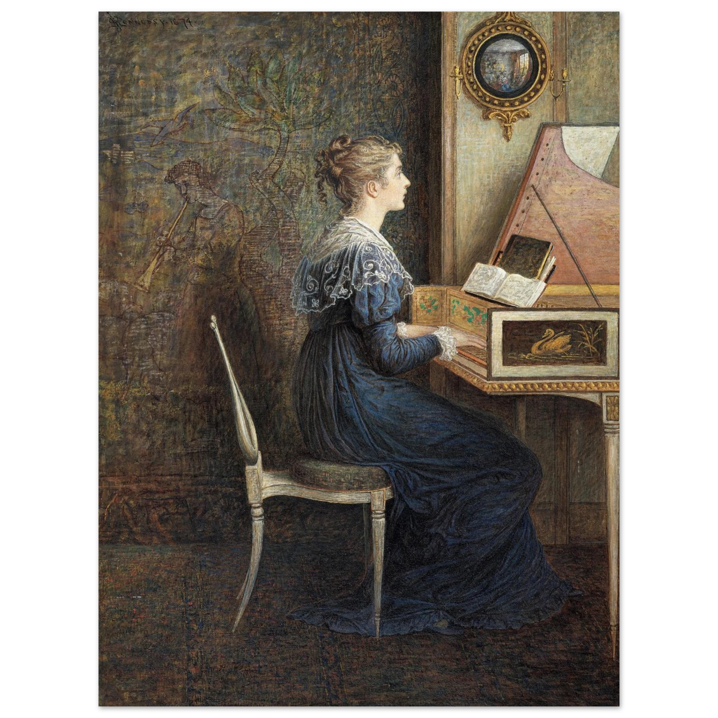 Unframed fine art print of “An Old Song” (1874) by William John Hennessy, displayed on an antique oak sideboard against a textured plaster wall, soft morning light from a sash window, vintage books and a small vase of dried heather beside the print, evoking quiet Irish heritage and warmth.