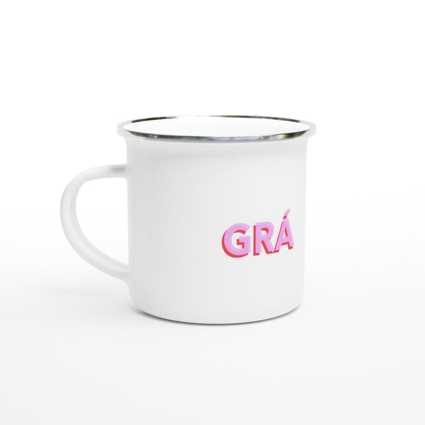 Contemporary enamel mug with Love - Gra design, perfect for Irish language enthusiasts. Lightweight and durable for hiking, camping, or morning coffee. Ideal gift for any occasion, combining functionality with a heartfelt message of affection.