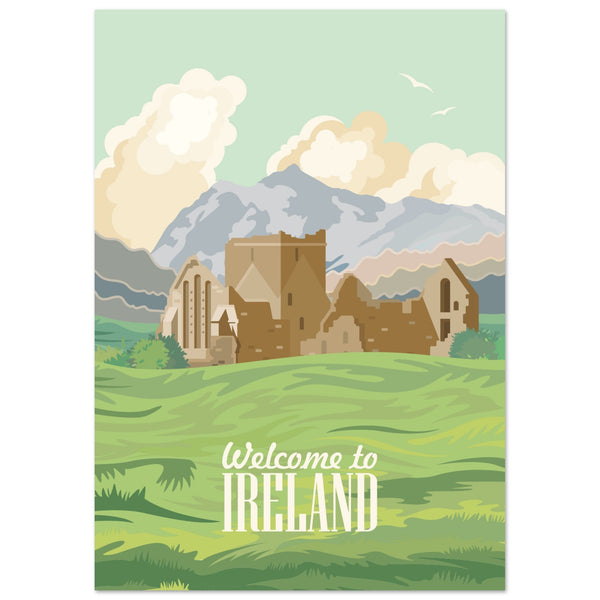 Art print featuring vibrant depiction of Ireland's charm: historic castles, lush landscapes, lively pubs with traditional music. Celebrate the Emerald Isle's culture and warmth in this captivating artwork.