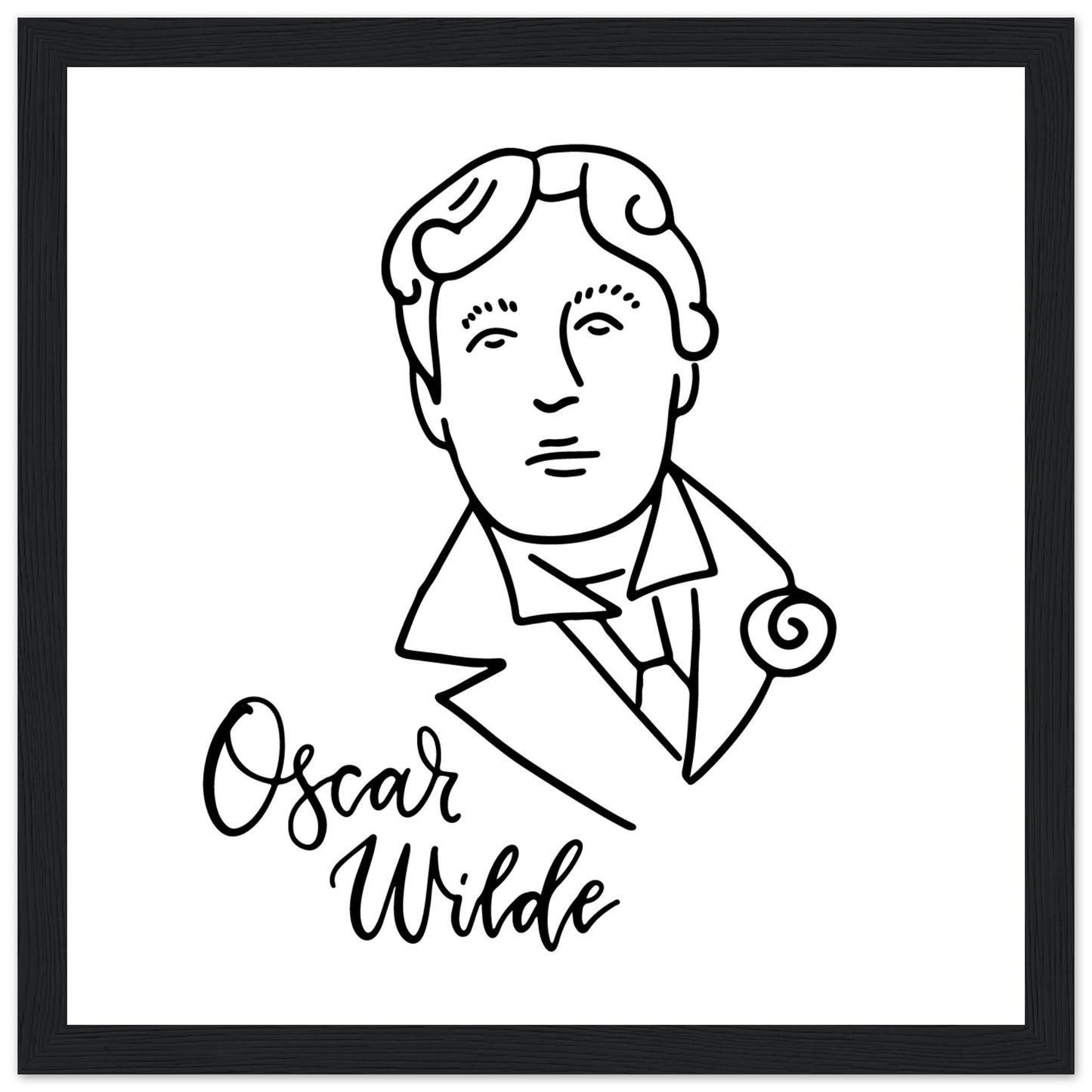 Hand-drawn linear sketch portrait of Oscar Wilde on a white background, featuring his distinctive features and elegant simplicity. Includes stylish lettering of his name or famous quotes. Available in minimalist, vintage, and modern frames for sophisticated decor. 