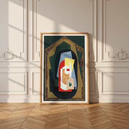 Decoration (1923) by Mainie Jellett, framed print in a thin light wood frame leaning against a white panelled wall on a herringbone floor, geometric composition in dark green, black, gold, red, blue and beige