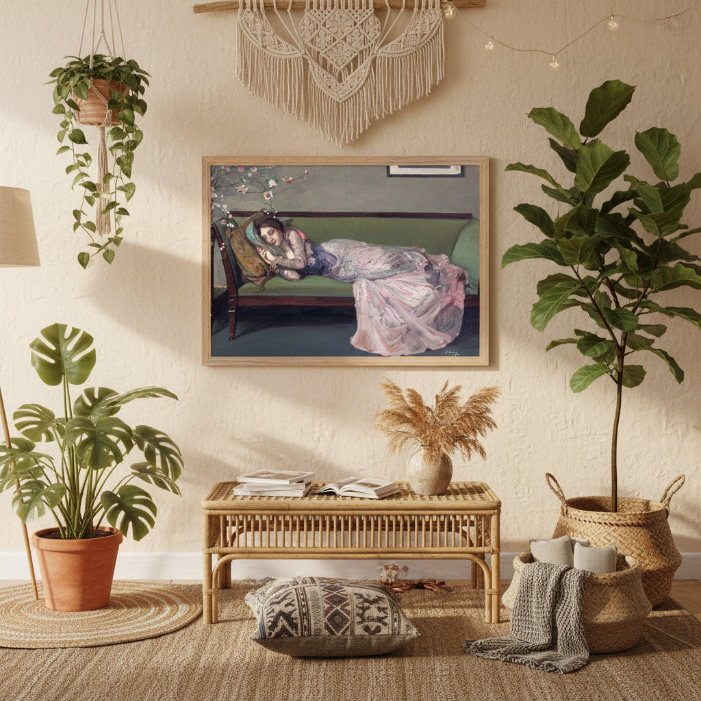 A2 framed Collector’s Edition of The Green Sofa by Sir John Lavery in natural wood. natural wood frame in bohemian interior, plants, warm textures, relaxed styling