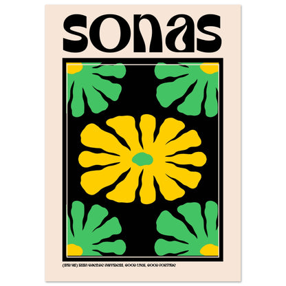 A2 large “Sonas” art print with striking yellow and green flower design representing happiness.