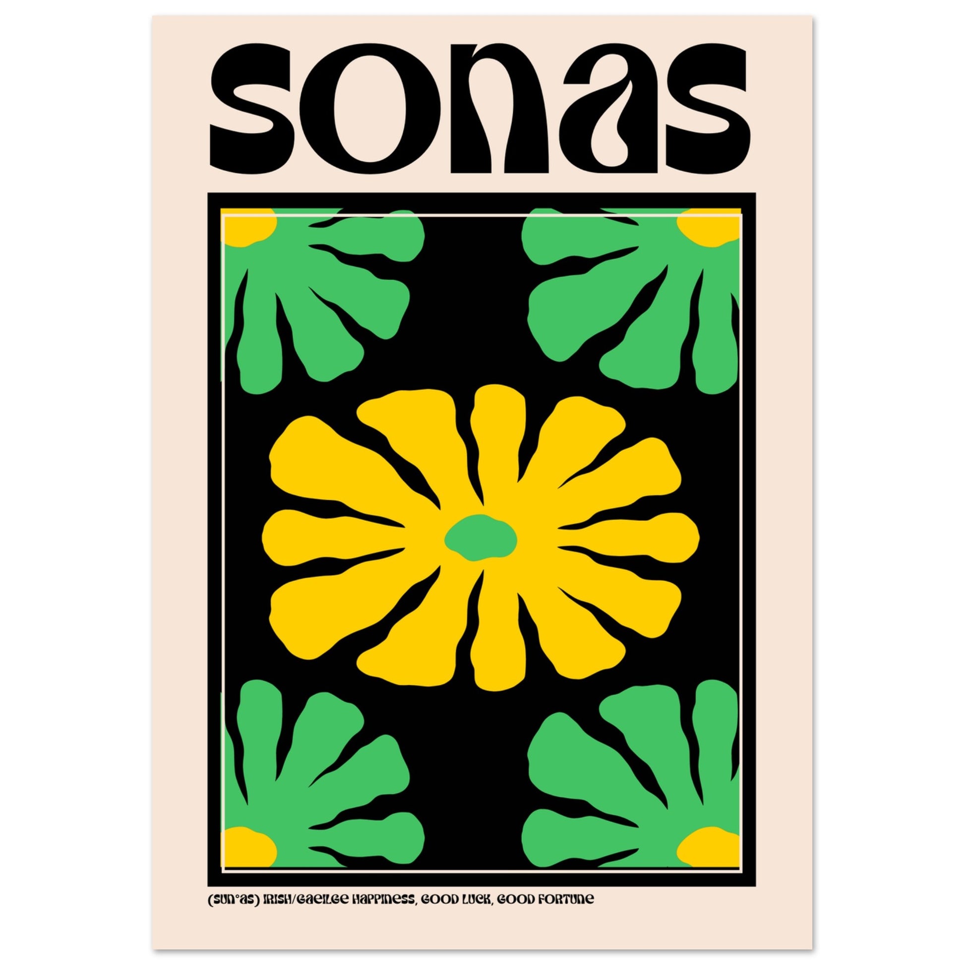 A4 “Sonas” Gaeilge art print with vibrant floral motif symbolising happiness and good fortune.