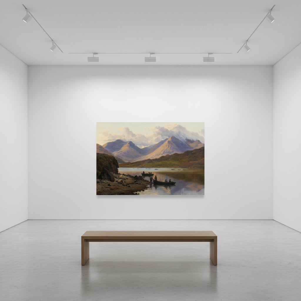 The Killary Fjord artwork by Watkins displayed in a gallery-style room with white walls and spotlighting. Positioned centrally with minimalist furniture, the landscape becomes the main focal point