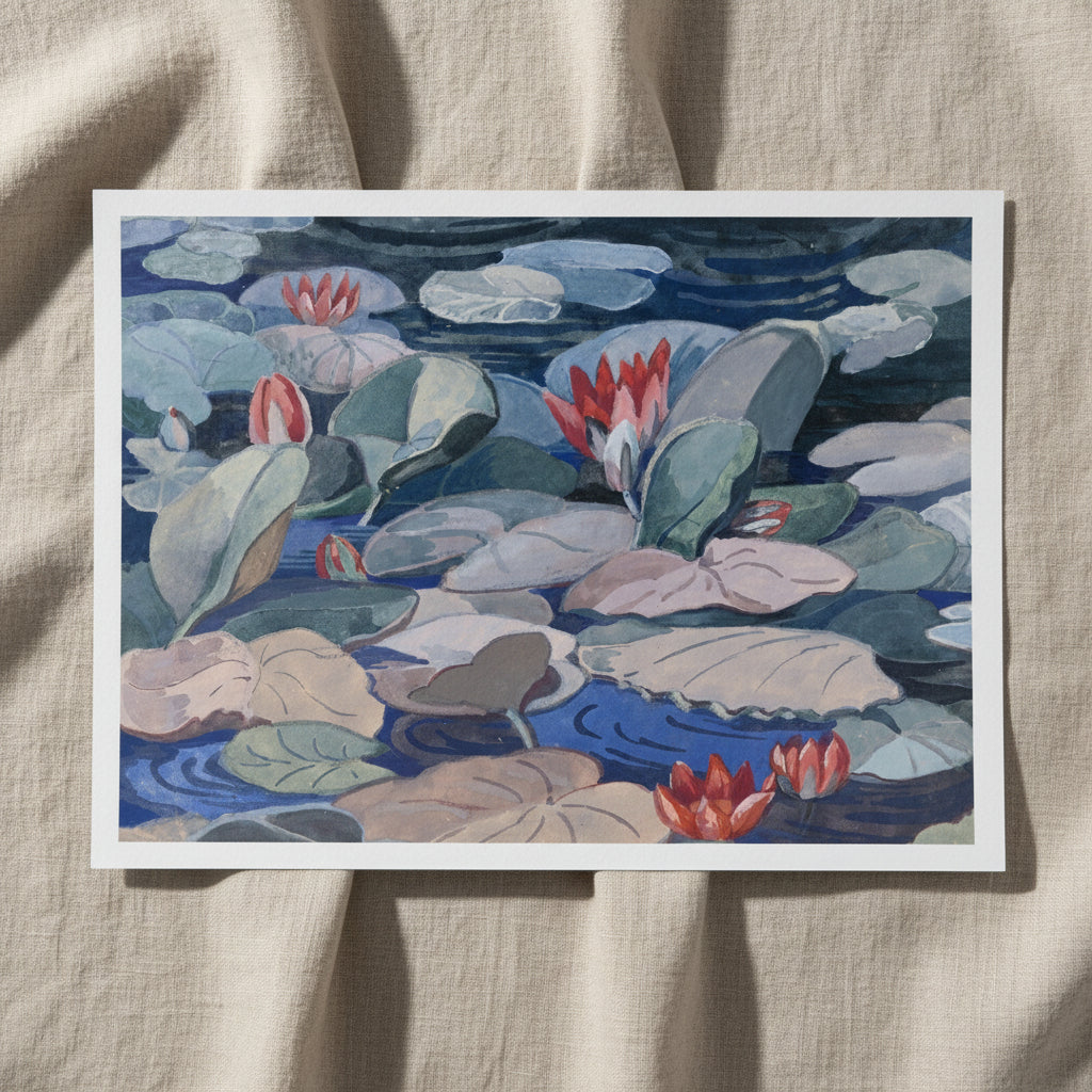 A Water-Lily Pond (c.1919) by Mainie Jellett – Collector’s Edition Print unframed art print on 250 gsm matte museum paper, flat-lay on soft linen fabric, natural daylight, detailed paper texture, luxury minimalism.