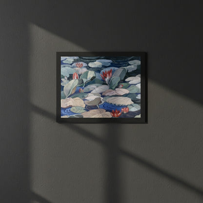 A Water-Lily Pond (c.1919) by Mainie Jellett thin black wooden frame on deep charcoal wall, dramatic side-lighting, museum-style dramatic shadows, premium luxury interior, high contrast and high detail, sophisticated atmosphere
