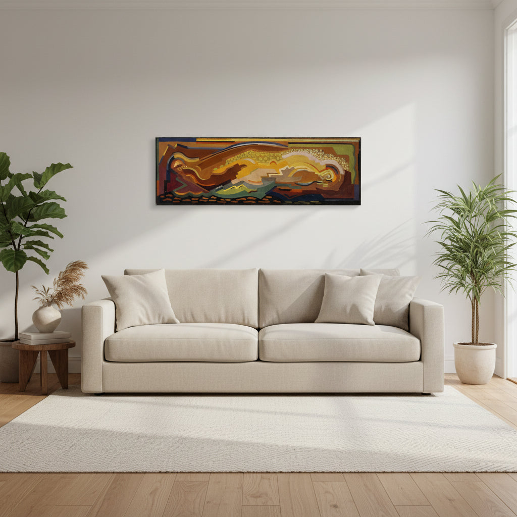 Abstract Composition – Mainie Jellett (1937–44) Large abstract canvas art print hanging above a modern beige sofa in a luxury living room, soft natural daylight, tall indoor plants, oak flooring, minimalist decor, linen textures, Scandinavian–Irish design aesthetic, clean white walls, subtle shadows, premium gallery-style presentation, photorealistic, 4K.
