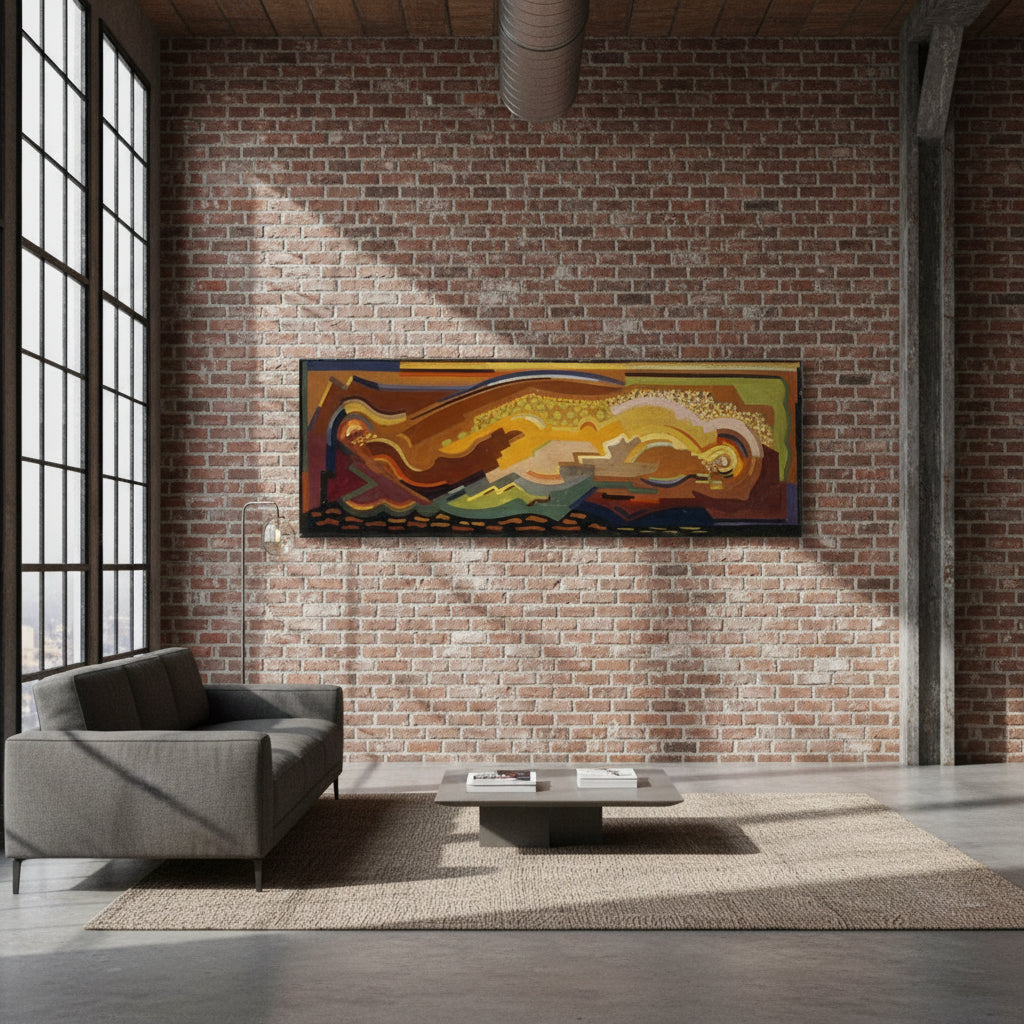 Abstract Composition – Mainie Jellett Canvas Print Large abstract canvas art hanging on an exposed brick wall in a modern industrial loft, high ceilings, natural light from large windows, designer furniture, concrete floors, textured canvas surface visible, dramatic shadows, premium modern interior style, 4K photorealistic.”