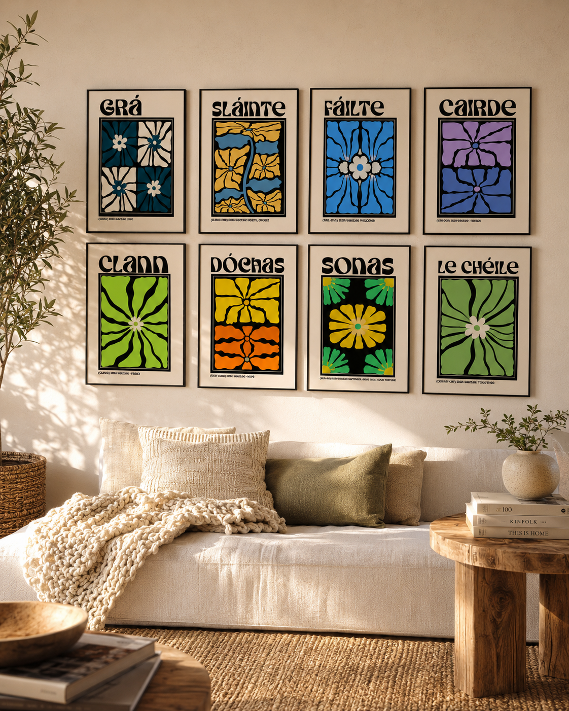 As Gaeilge — set of 8 Irish language word prints displayed together as a gallery wall, Buy Irish Art