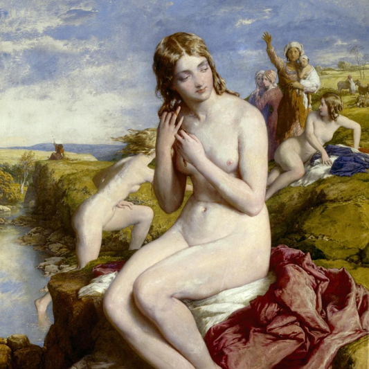 Nude woman in a landscape with other figures, possibly from a classical or mythological scene.