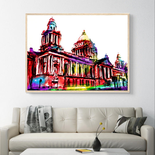 Vibrant Belfast City Hall Framed Art Print by Ó Maoláin. Colourful depiction of Belfast's iconic landmark, reflecting its dynamic spirit. Perfect for commemorating your connection to Belfast or sharing its charm. Great Wedding Gift.