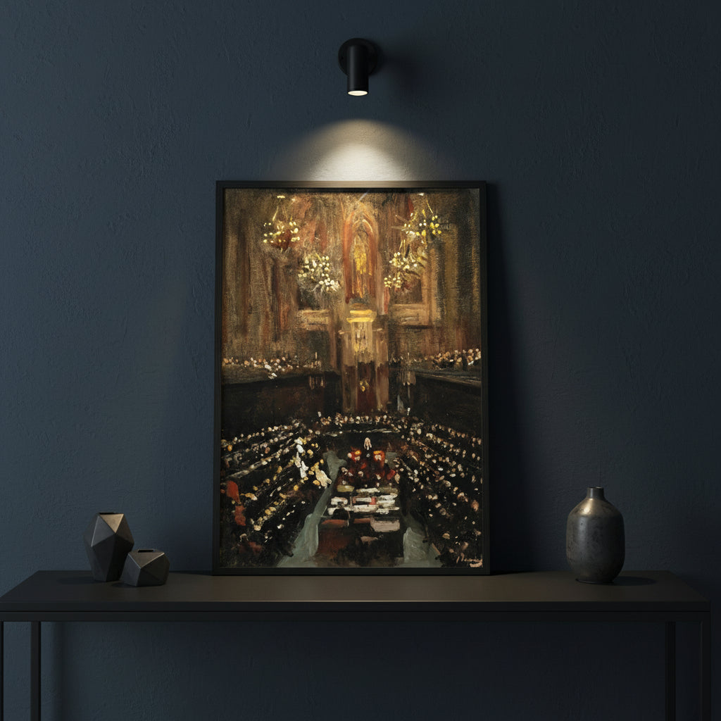 Black frame art print of Lavery’s Treaty scene leaning slightly on a slate black console table against a midnight-blue plaster wall, single vintage spotlight focused on the frame, minimalist accessories, high-end interior photography.
