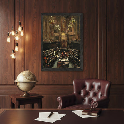 Black framed Roderic Lavery print of The Ratification of the Irish Treaty in a formal office setting, dark wood panelled wall, vintage globe on side‐table, burgundy leather armchair, overhead café lights casting warm tone, gallery standard realism.