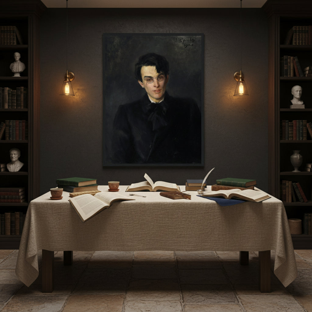 Boutique cultural space with linen-draped table and poetry books displayed beneath Black framed Yeats portrait; warm tungsten lighting and calm atmosphere